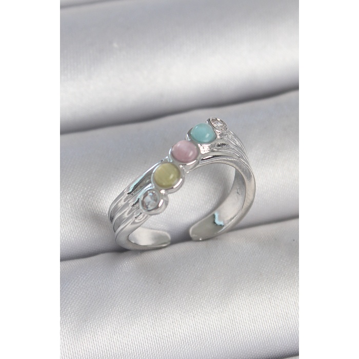 Pirinç Gümüş Renk Zirkon Taş Detaylı Renkli Mineli Ayarlanabilir Kadın Yüzük - TJ-BYK3728