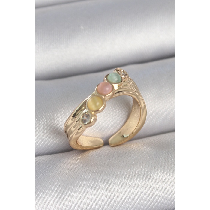 Pirinç Gold Renk Zirkon Taş Detaylı Karışık Mineli Ayarlanabilir Kadın Yüzük - TJ-BYK3729