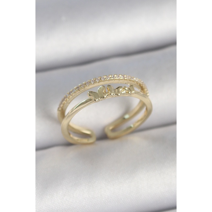 Pirinç Gold Renk 2Li Sıra Zirkon Taş Detaylı Kelebek Figürlü Ayarlanabilir Model Kadın Yüzük - TJ-BYK3733