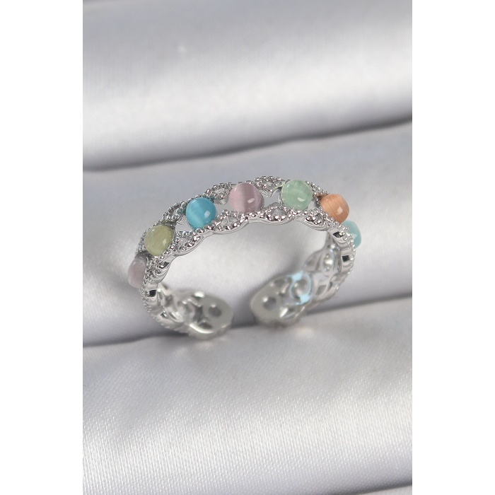 Pirinç Gümüş Renk Renkli Mineli Ayarlanabilir Kadın Yüzük - TJ-BYK3746