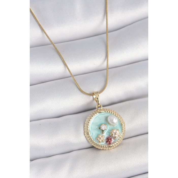 316L Çelik Gold Renk Zincir Mavi Mineli İnci Çiçek İşlemeli Zirkon Taş Detaylı Madalyon Model Kadın Kolye - TJ-BKO10174