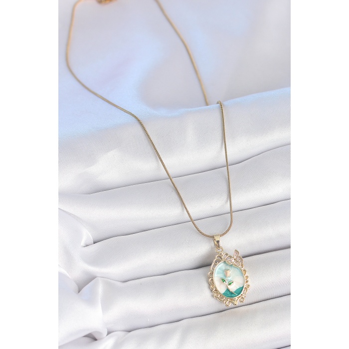 316L Çelik Gold Renk Zincir Mavi Mineli Çiçek İşlemeli Zirkon Taş Detaylı Portre Model Kadın Kolye - TJ-BKO10183