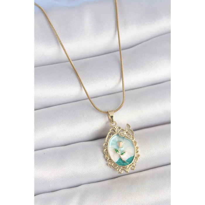 316L Çelik Gold Renk Zincir Mavi Mineli Çiçek İşlemeli Zirkon Taş Detaylı Portre Model Kadın Kolye - TJ-BKO10183