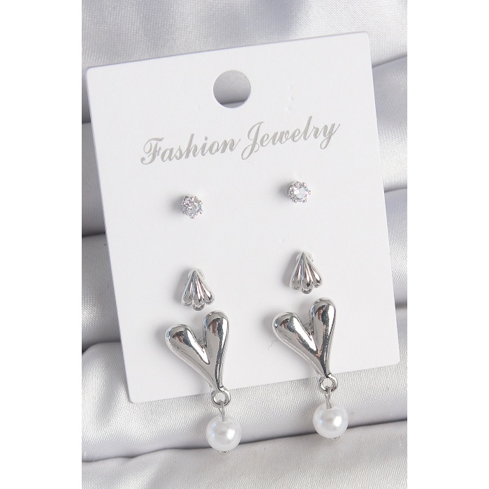 Pirinç Gümüş Renk Zirkon Taşlı Sallantılı Kalp Model 3 Çift Kadın Küpe Seti - TJ-BKP10590