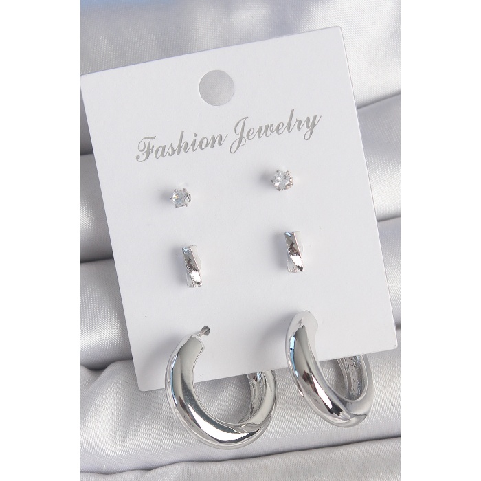 Pirinç Gümüş Renk Zirkon Taş Detay Halka Model 3 Çift Kadın Küpe Seti - TJ-BKP10598