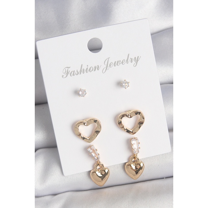 Pirinç Gold Renk Zirkon Taşlı Sallantı Kalp Model Kadın 3 Çift Küpe Seti - TJ-BKP10613