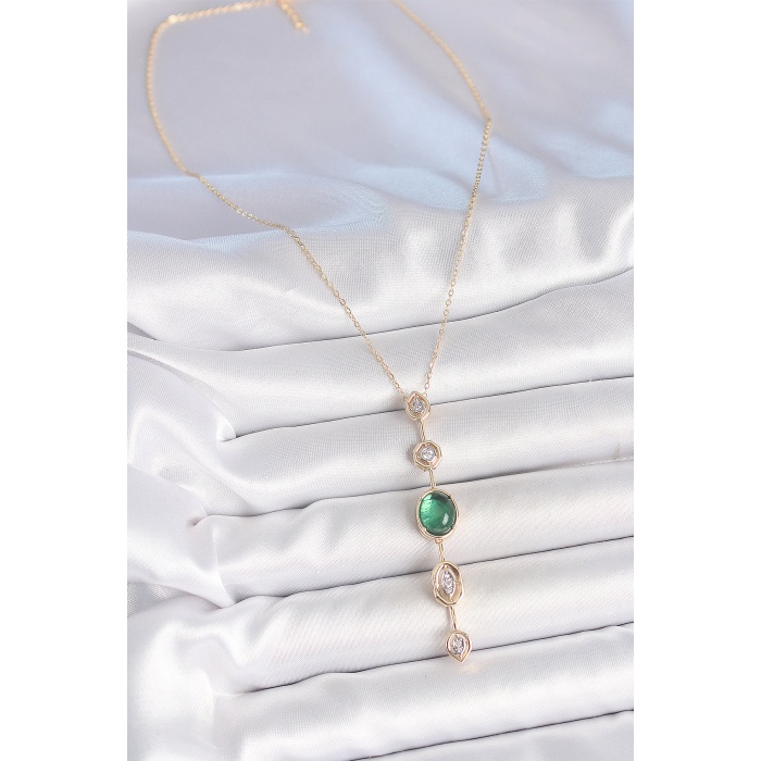 Pirinç Zincir Zümrüt Yeşil Gold Renk Zirkon Taşlı Y Kolye - TJ-BKO10229