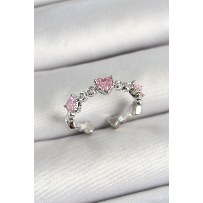 Pirinç Sıralı Kalp Figürlü Zirkon Taşlı Gümüş Renk Ayarlanabilir Kadın Yüzük - TJ-BYK3757