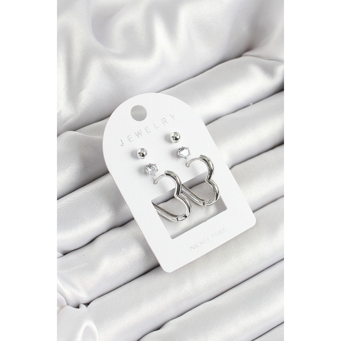 Pirinç Zirkon Taş Ve Kalp Figürlü Gümüş Renk 3lü Çift Kadın Küpe Set - TJ-BKP10644