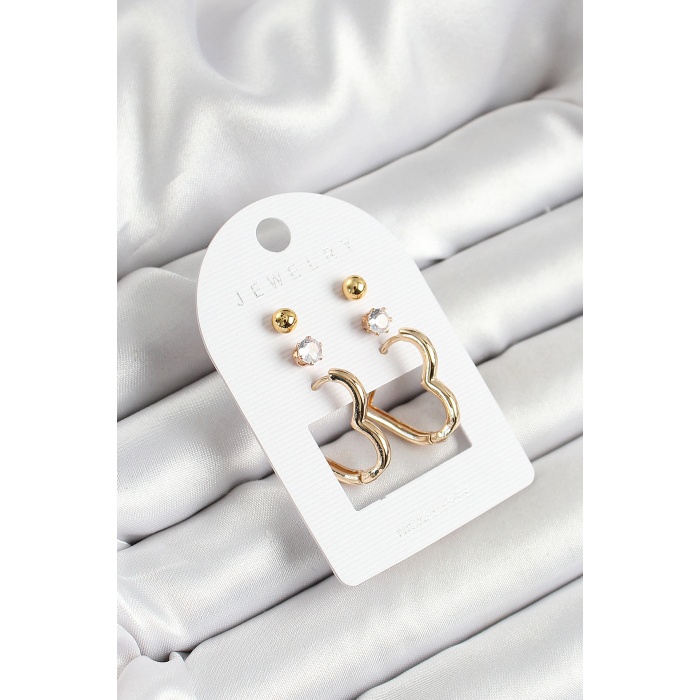 Pirinç Zirkon Taş Ve Kalp Figürlü Gold Renk 3lü Çift Kadın Küpe Set - TJ-BKP10650