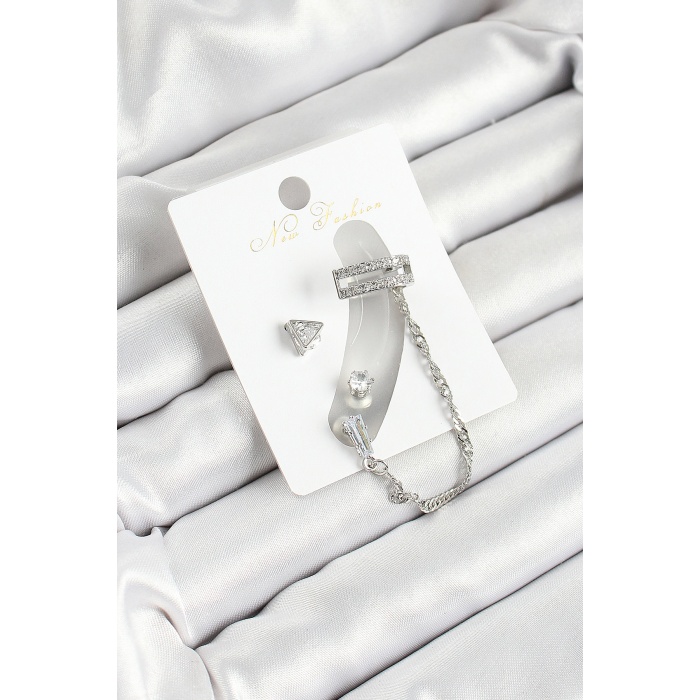 Pirinç Üçgen Figürlü Zirkon Taşlı Gümüş Renk 3lü Kıkırdak Kadın Küpe Set - TJ-BKP10658