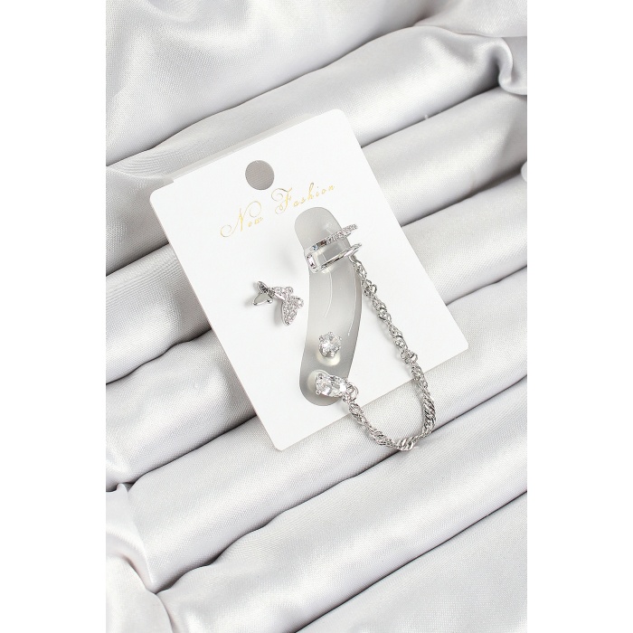 Pirinç Kelebek Figürlü Zirkon Taşlı Gümüş Renk 3lü Kıkırdak Kadın Küpe Set - TJ-BKP10659