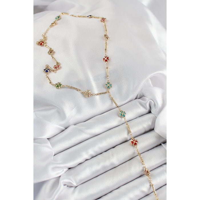 Pirinç Asorti Kalpli Yonca Model Gold Renk Zirkon Taşlı Y Kolye - TJ-BKO10255