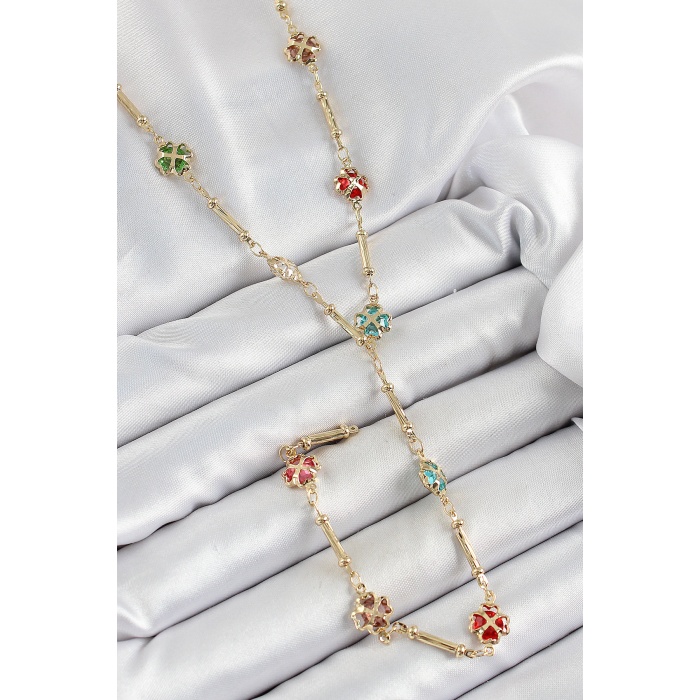 Pirinç Asorti Kalpli Yonca Model Gold Renk Zirkon Taşlı Y Kolye - TJ-BKO10255