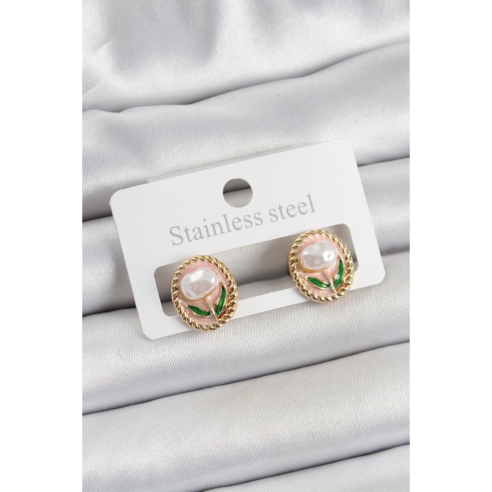 Pirinç Pembe Mineli Lale Figürlü Sanatsal Portre Model Gold Renk Kadın Küpe - TJ-BKP10672