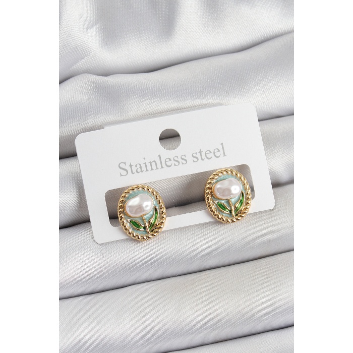 Pirinç Yeşil Mineli Lale Figürlü Sanatsal Portre Model Gold Renk Kadın Küpe - TJ-BKP10673