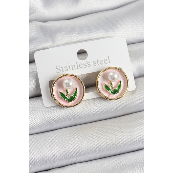 Pirinç Pembe Mineli Lale Figürlü Sanatsal Portre Model Gold Renk Kadın Küpe - TJ-BKP10674