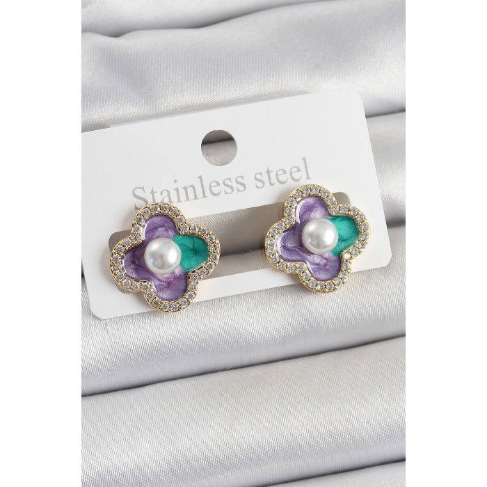 Pirinç Mor Mineli İnci Detaylı Zirkon Taşlı Sanatsal Portre Yonca Model Gold Renk Kadın Küpe - TJ-BKP10680