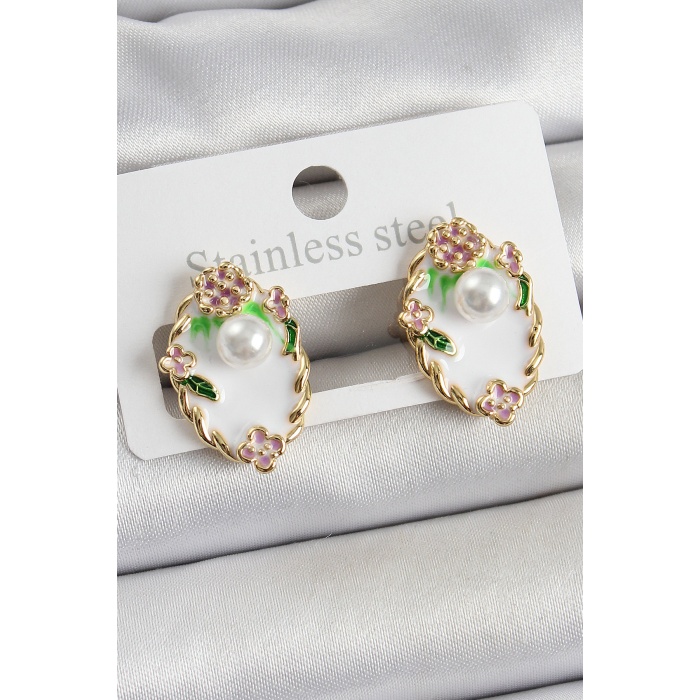 Pirinç Beyaz Mineli İnci Detaylı Sanatsal Portre Model Gold Renk Kadın Küpe - TJ-BKP10689