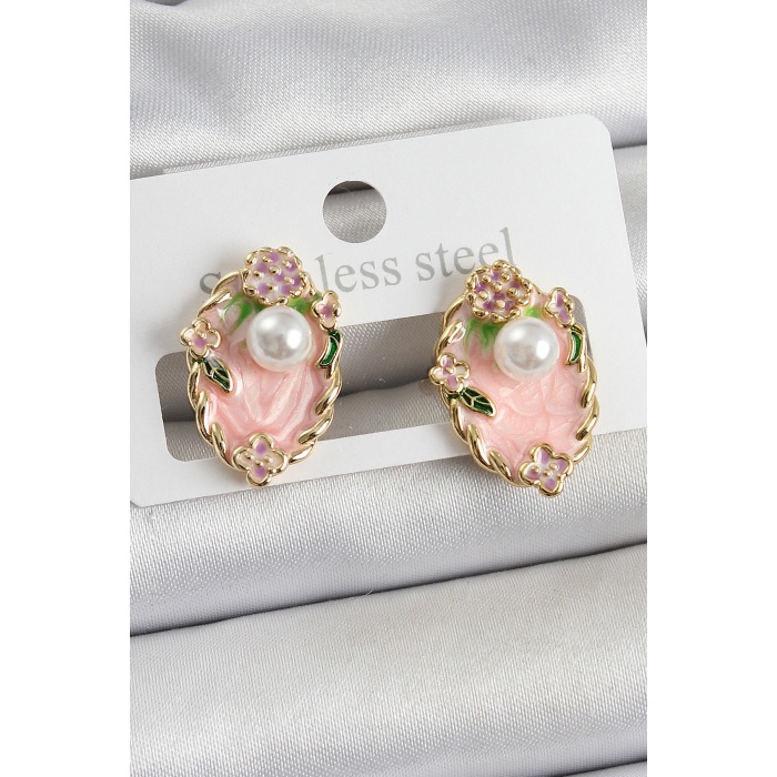 Pirinç Pembe Mineli İnci Detaylı Sanatsal Portre Model Gold Renk Kadın Küpe - TJ-BKP10690