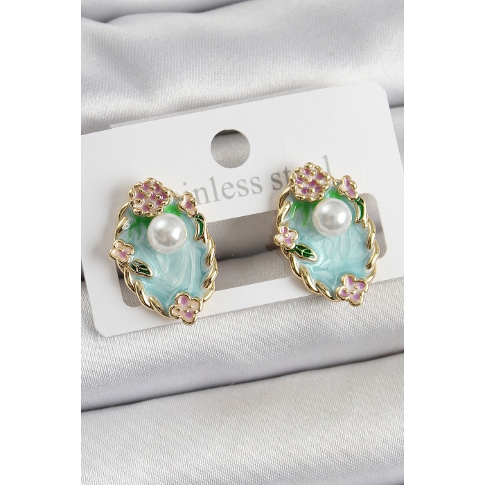 Pirinç Yeşil Mineli İnci Detaylı Sanatsal Portre Model Gold Renk Kadın Küpe - TJ-BKP10691