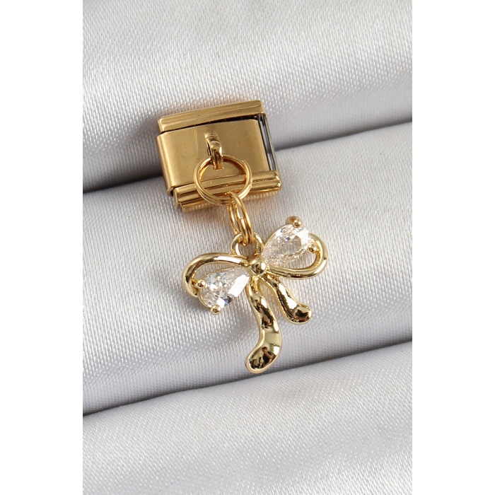 316L Çelik Sallantılı Zirkon Taşlı Fiyonk Model Gold Renk Nomination Charm - TJ-BC1400