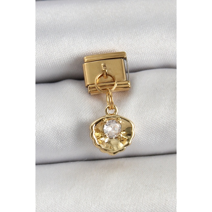 316L Çelik Sallantılı Zirkon Taşlı İstiridye Model Gold Renk Nomination Charm - TJ-BC1426