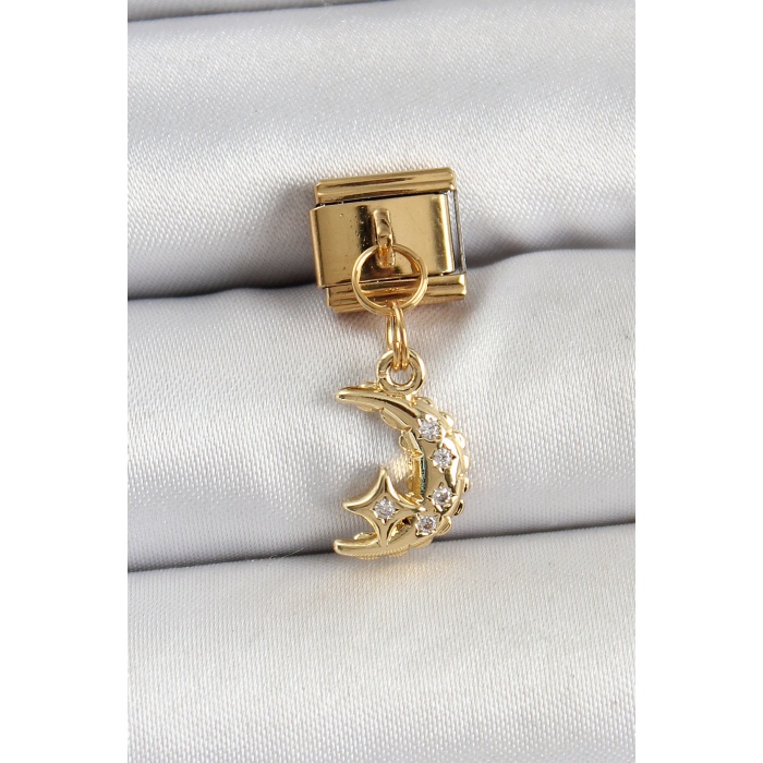 316L Çelik Sallantılı Zirkon Taşlı Ay Model Gold Renk Nomination Charm - TJ-BC1431