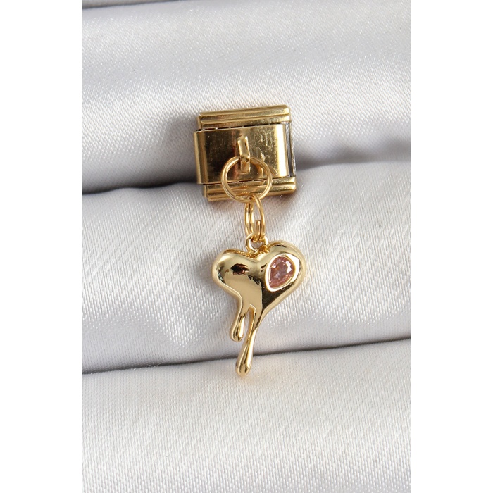 316L Çelik Sallantılı Zirkon Taşlı Eriyen Kalp Model Gold Renk Nomination Charm - TJ-BC1433