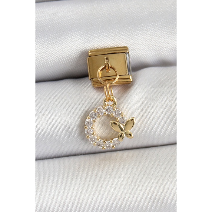 316L Çelik Sallantılı Zirkon Taşlı Kelebek Detaylı Halka Model Gold Renk Nomination Charm - TJ-BC1440
