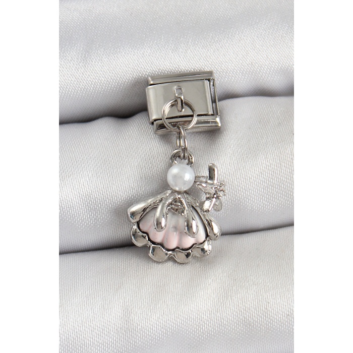 316L Çelik Sallantılı İnci Detaylı İstiridye Model Gümüş Renk Nomination Charm - TJ-BC1453
