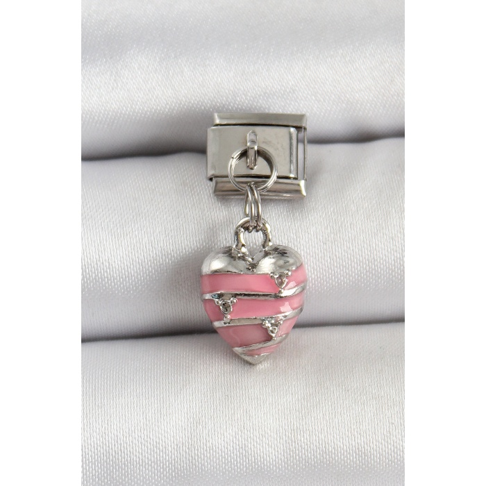 316L Çelik Gümüş Renk Pembe Kalp Model Nomination Charm - TJ-BC1495