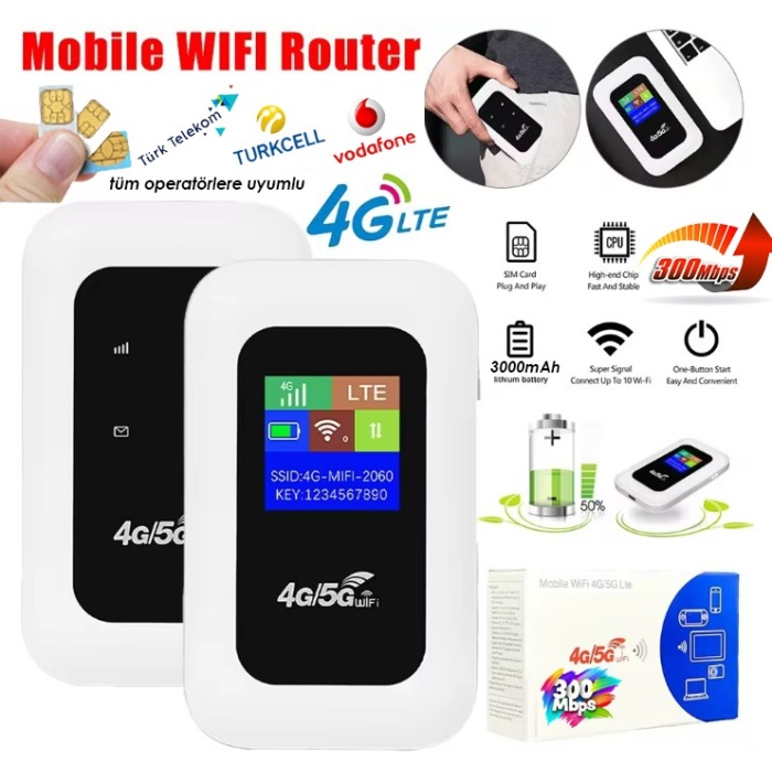 4G/5G A8-E Mobil Sim Kartlı WiFi Router 300Mbps Kablosuz 3000mAh Taşınabilir Hotspot Cep Modem