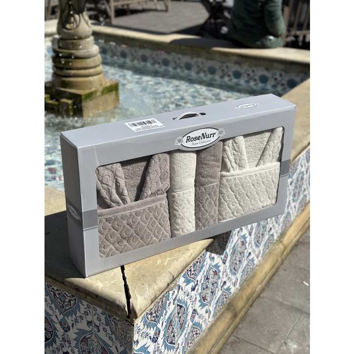 RoseNurr Home Collection Pamuklu Aile Bornoz Seti - Krem/Kahve