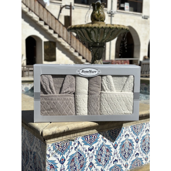 RoseNurr Home Collection Pamuklu Aile Bornoz Seti - Krem/Kahve
