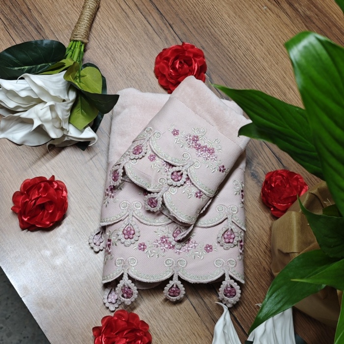 Karacan Osmanlı Küpeli Analı/Kızlı Havlu Seti-PEMBE