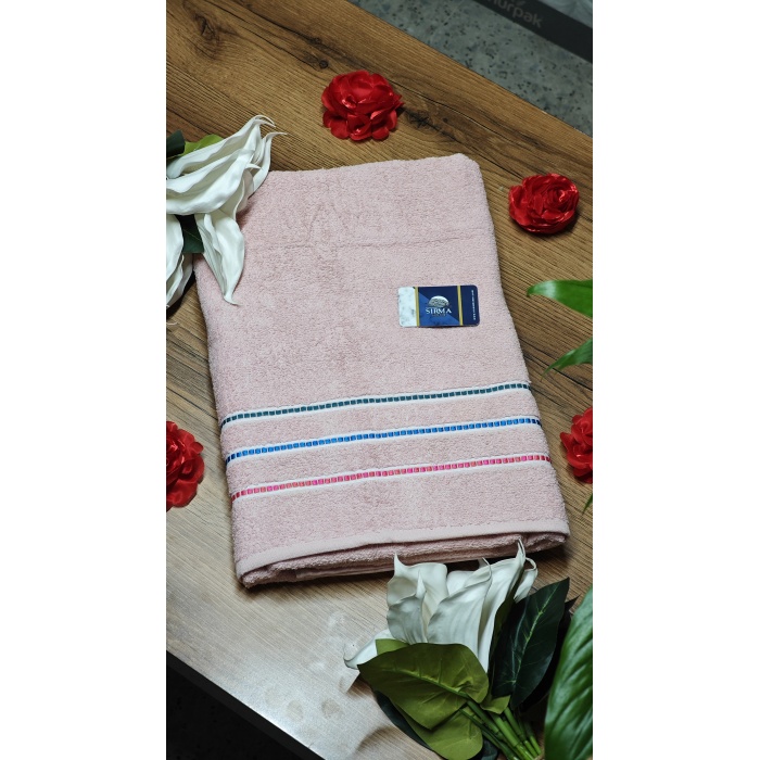 Sırma Home Bukle Şerit Detaylı Renkli Banyo Havlusu-PEMBE