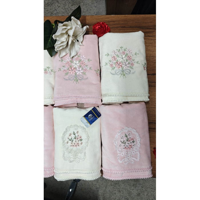 Hazangülü Collection Kadife Elit Nakışlı 6lı El&Yüz Havlu Seti