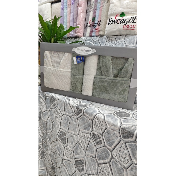 RoseNurr Home Collection Pamuklu Aile Bornoz Seti - Krem/Yeşil