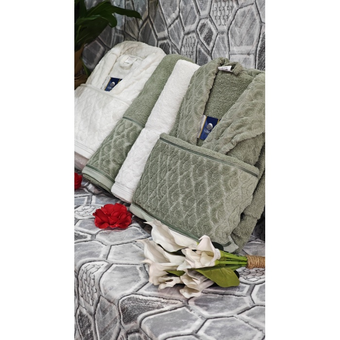 RoseNurr Home Collection Pamuklu Aile Bornoz Seti - Krem/Yeşil