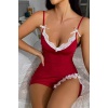 Yakası Dantelli Yırtmaçlı sexi Fantezi Fantezi Gecelik Kırmızı takım 95030K