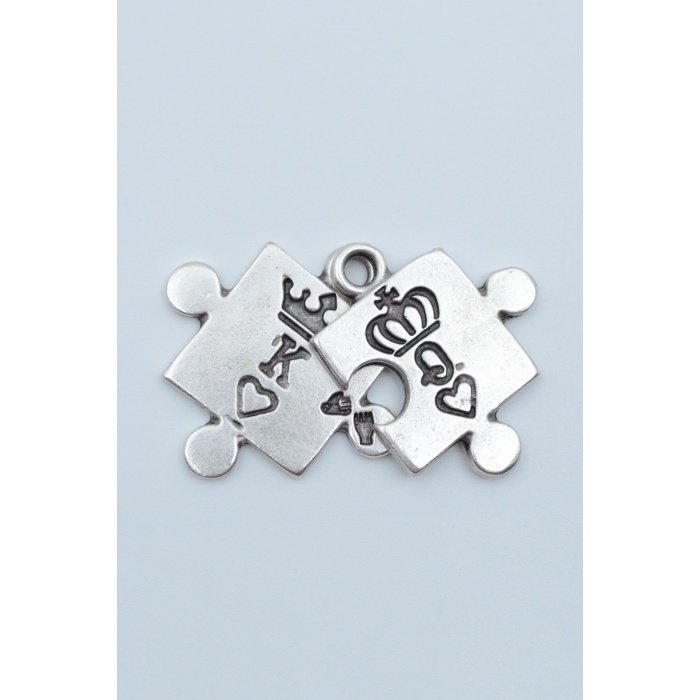 Puzzle - Queen - King - Sevgili Gümüş Kaplama Kolye Ucu