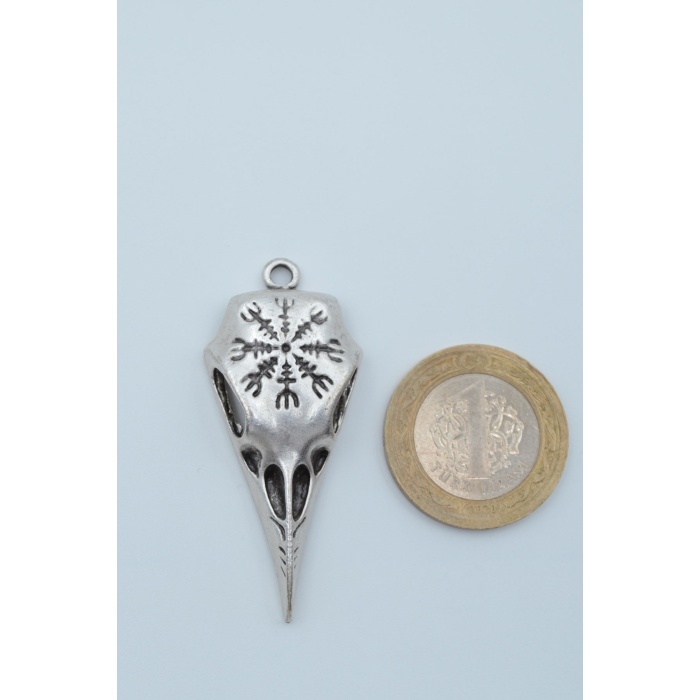 Kuzgun Kafatası - Vegvisir  Gümüş Kaplama Deri İp Kolye