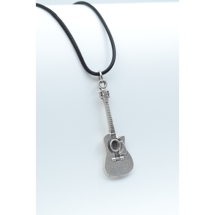 Gitar Gümüş Kaplama Deri İp Kolye