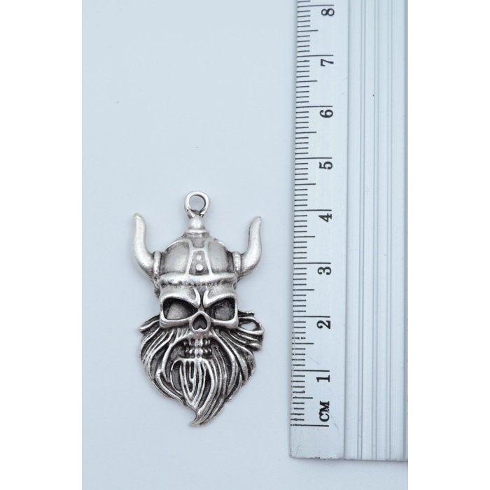 Viking Sakallı Kuru Kafa Gümüş Kaplama Deri İp Kolye