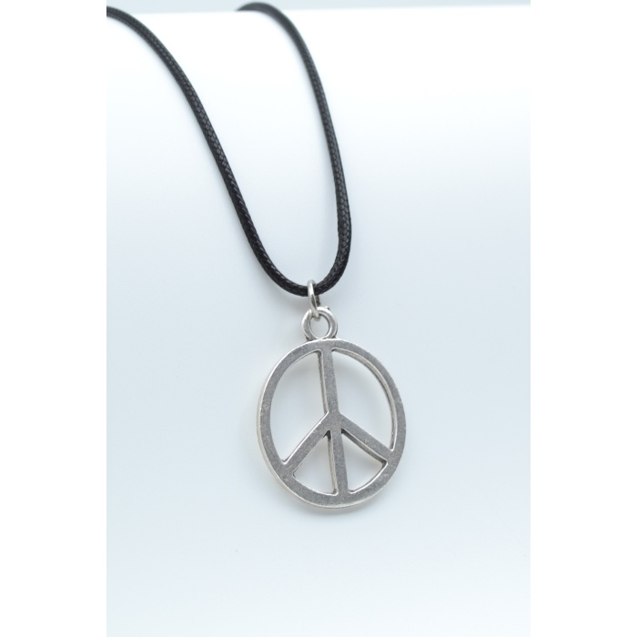 Peace Barış İşareti Gümüş Kaplama Deri İp Kolye