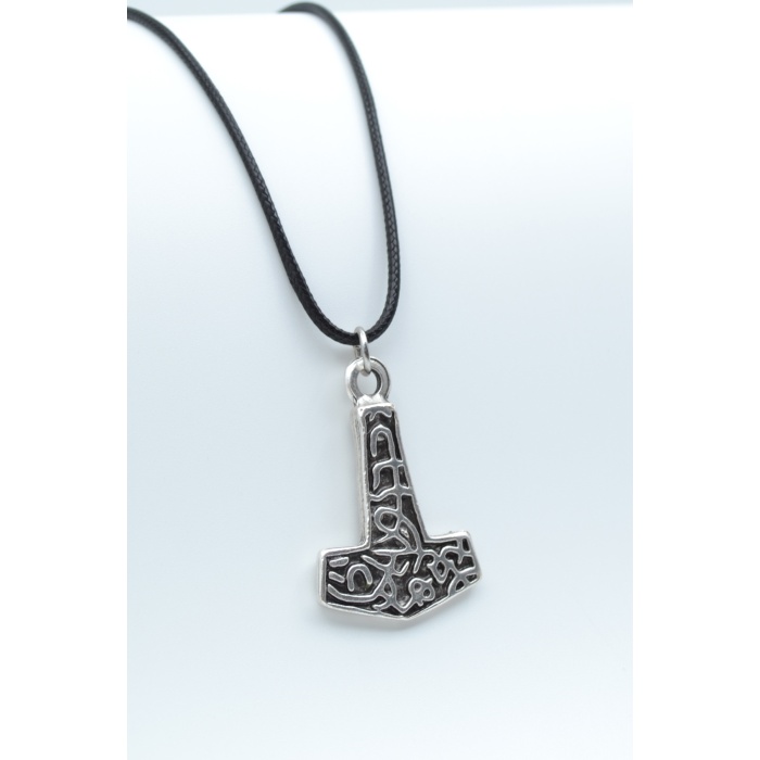 Thor Mjollnir Hammer Gümüş Kaplama Deri İp Kolye