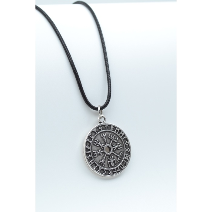 Vegvisir Pusula - Viking Sembol Gümüş Kaplama Deri İp Kolye