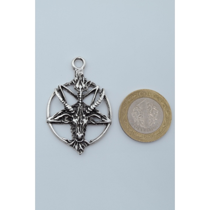Pentagram Yıldızı Keçi Kafası Gümüş Kaplama Deri İp Kolye