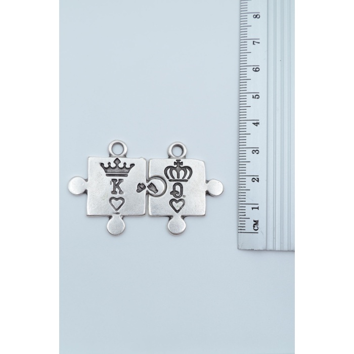 Puzzle - Queen - King - Sevgili Gümüş Kaplama Deri İp Kolye
